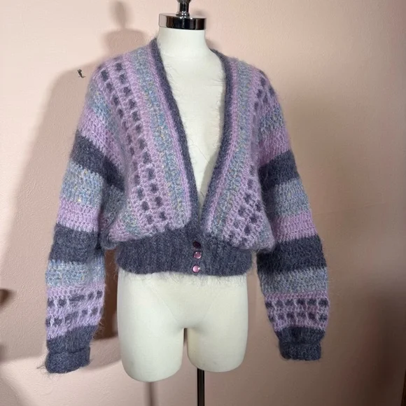 Mohair wool grandmacore Lavender Grey Crochet Ireland Cardigan Sweater - Picture 3 of 16